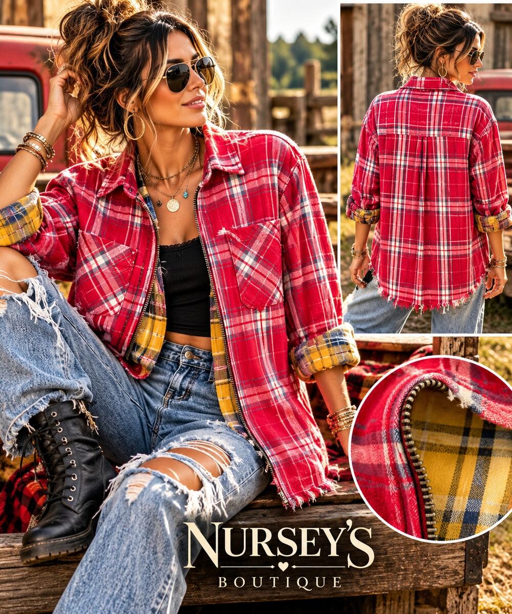 Paper Crane Plaid Zip Shacket M Raw Hem Boyfriend Flannel Grunge Red